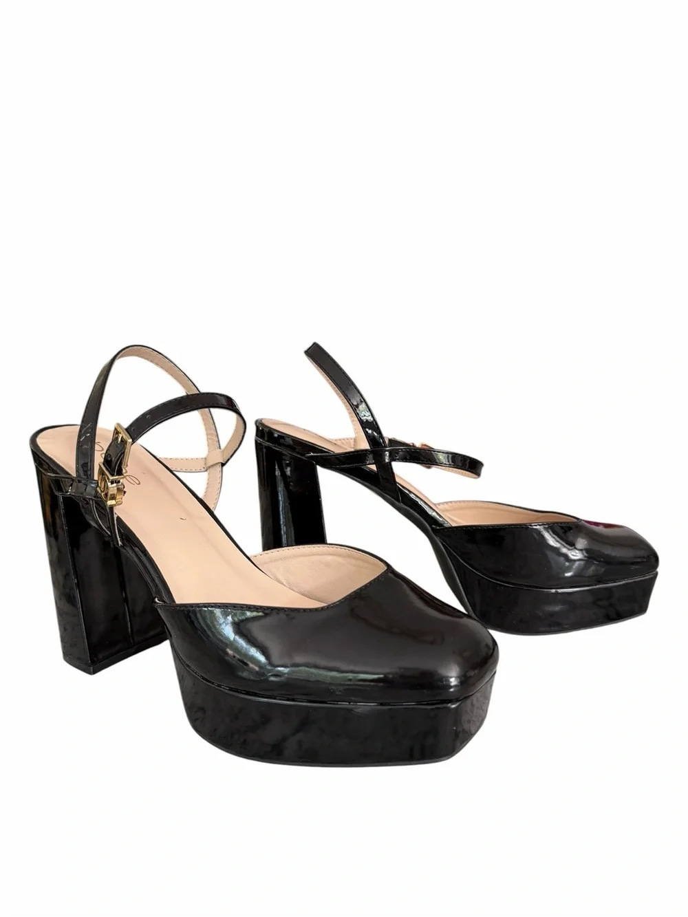 Bebe Janysa Black Patent Faux Square Toe Platform Block Heel Ankle Strap Size 9